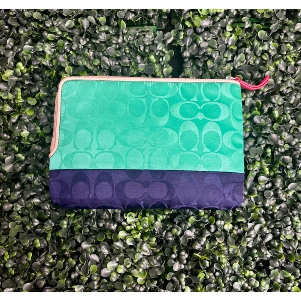 Coach Signature Nylon‎ Colorblock Pouch Green Navy Blue Purple Clutch Bag - Picture 3 of 4